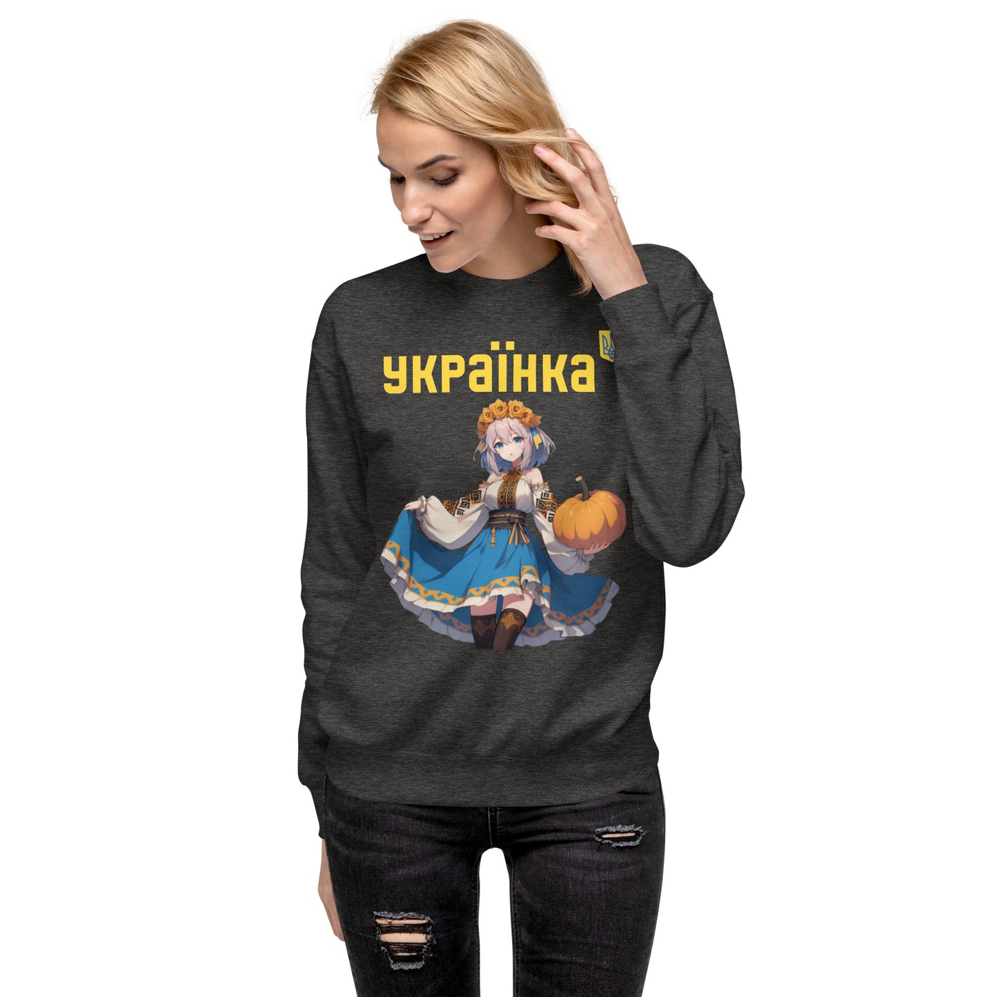 Women Premium Sweatshirt UKRAINIAN ANIME GIRL WITH PUMPKIN, 100% cotton face