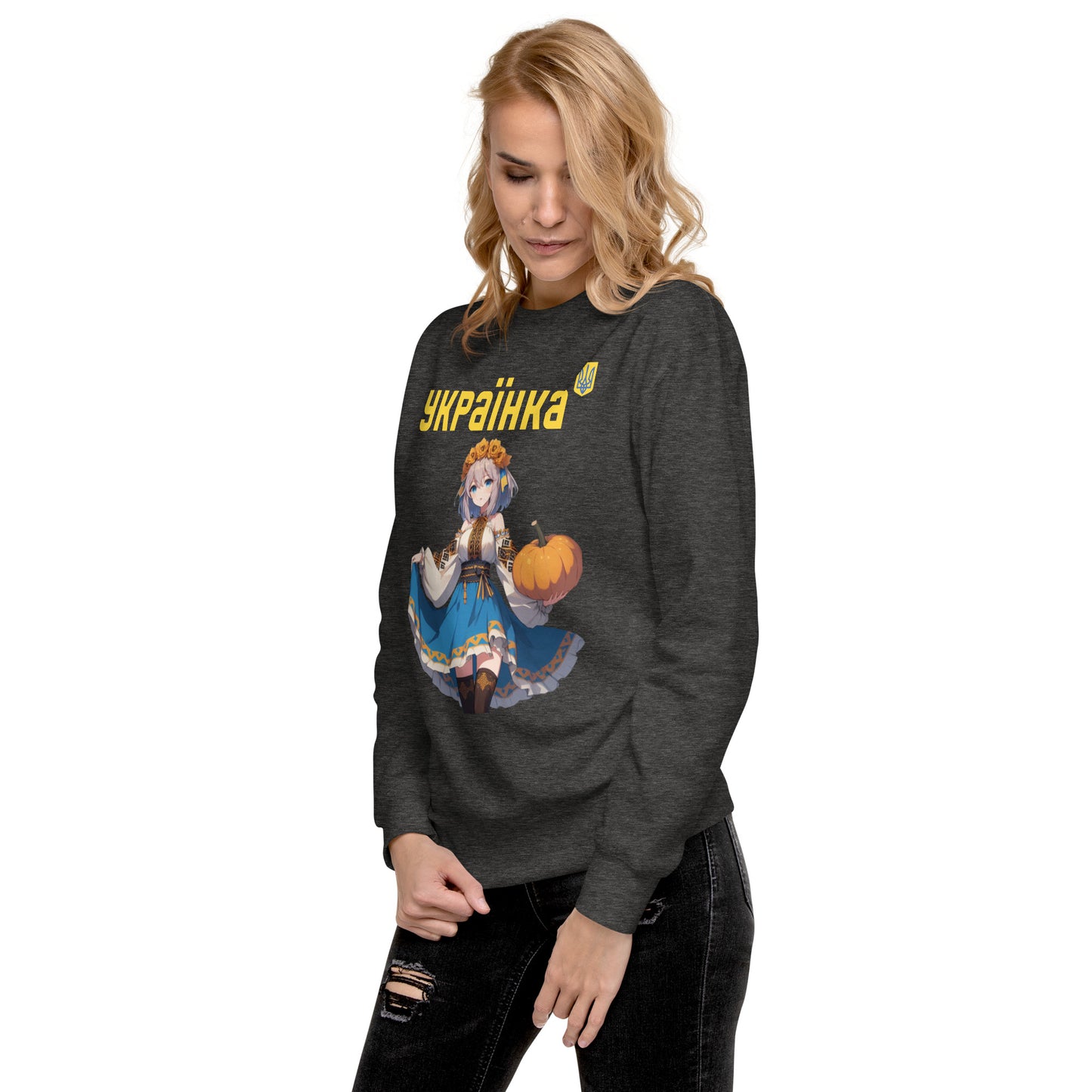 Women Premium Sweatshirt UKRAINIAN ANIME GIRL WITH PUMPKIN, 100% cotton face