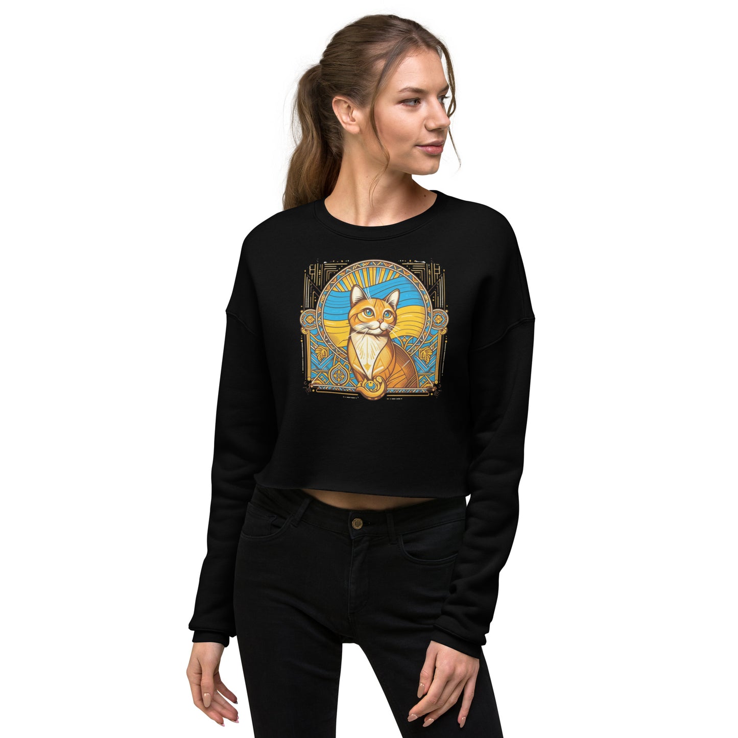 Women Crop Sweatshirt Ukrainian Art Deco Cat