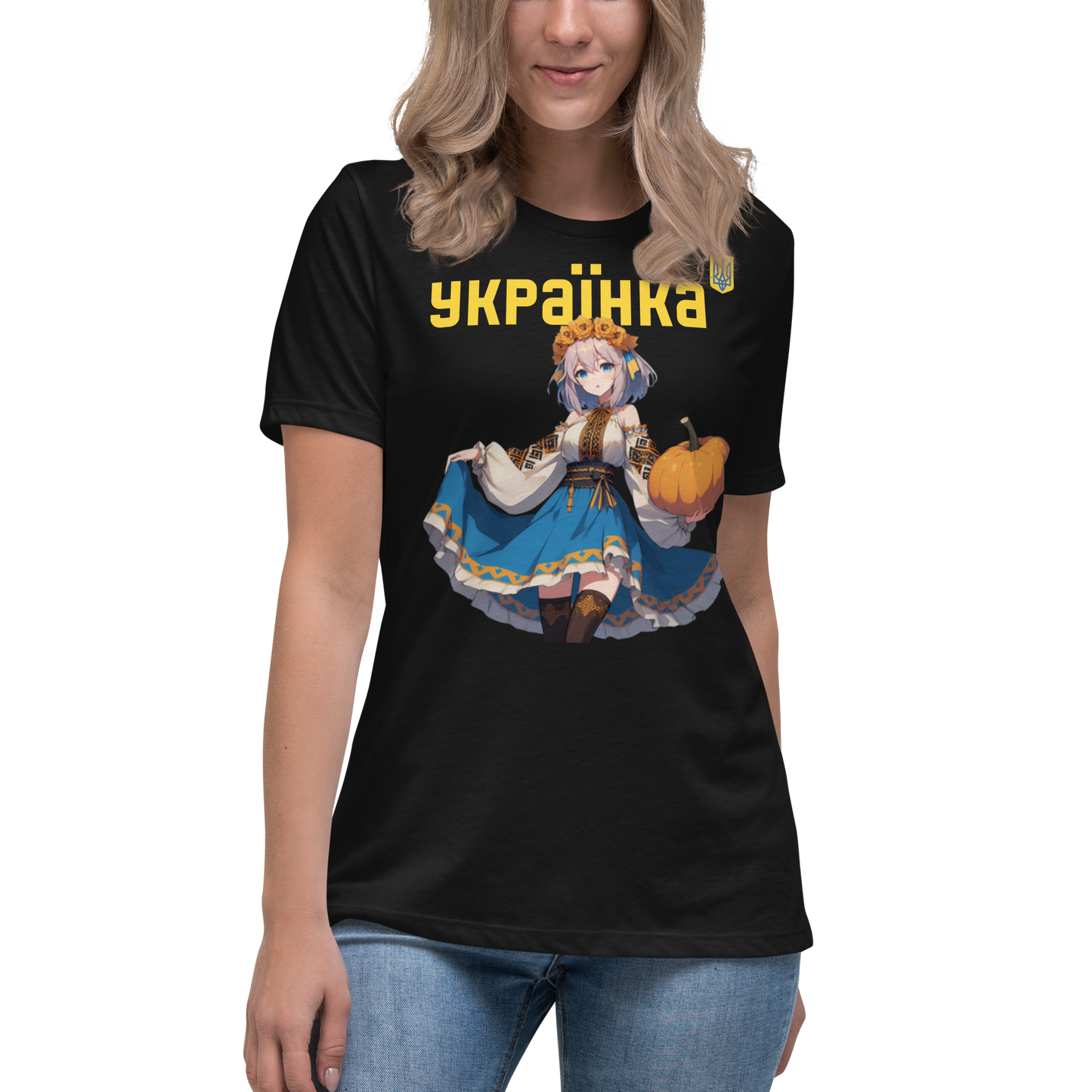 Women's Relaxed T-Shirt Ukrainian ANIME GIRL WITH PUMPKIN, 100% Soft Cotton