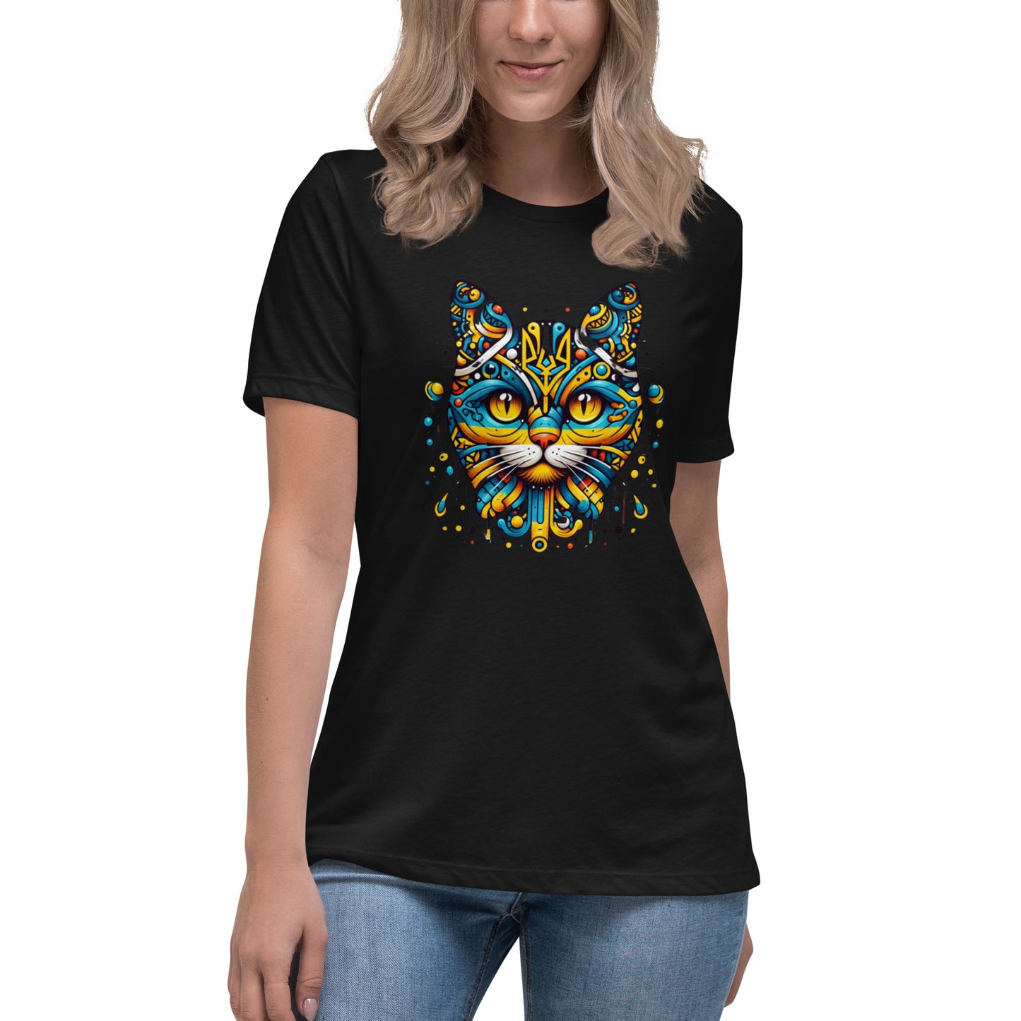 Women's Relaxed T-Shirt Ukrainian Symbol Cat Print