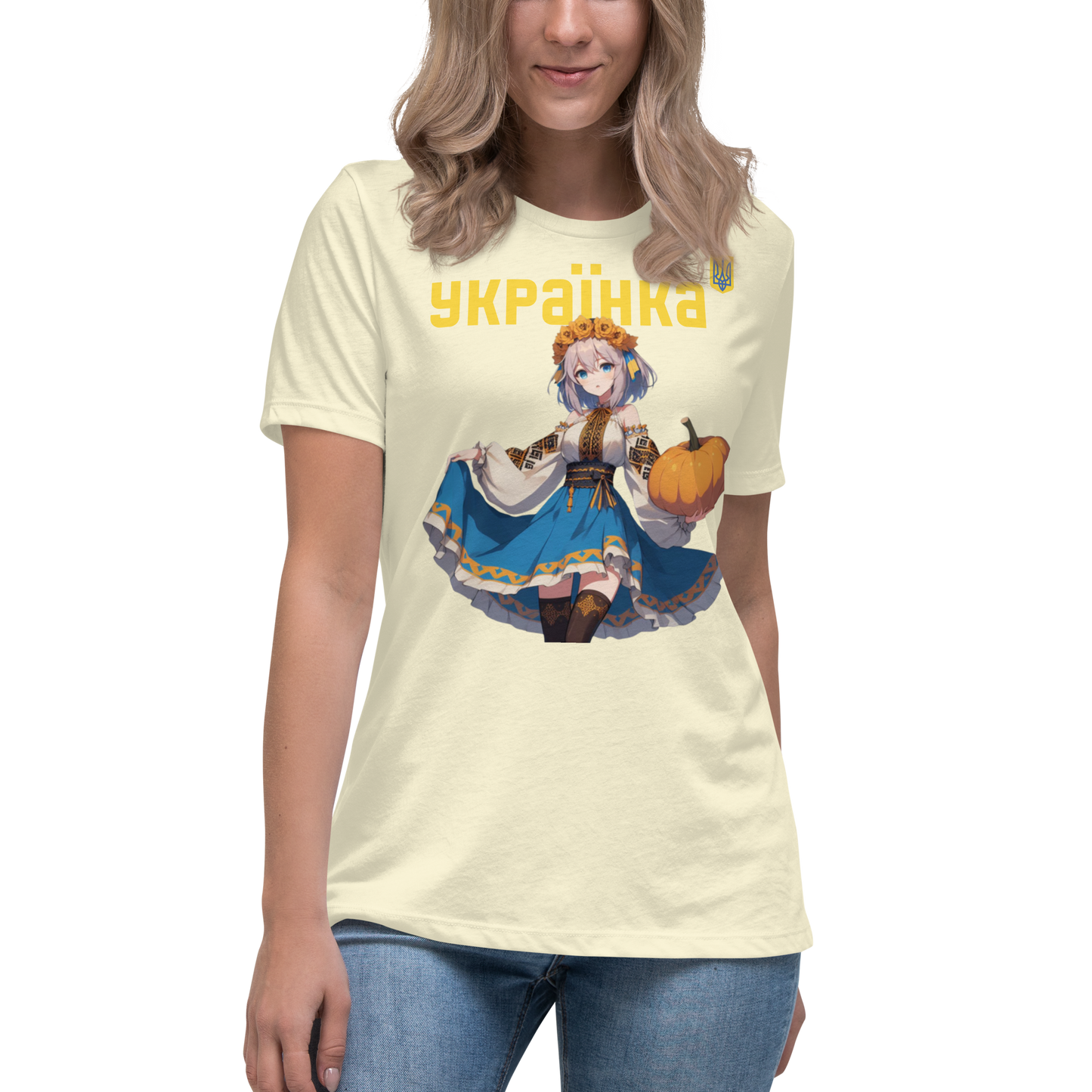 Women's Relaxed T-Shirt Ukrainian ANIME GIRL WITH PUMPKIN, 100% Soft Cotton