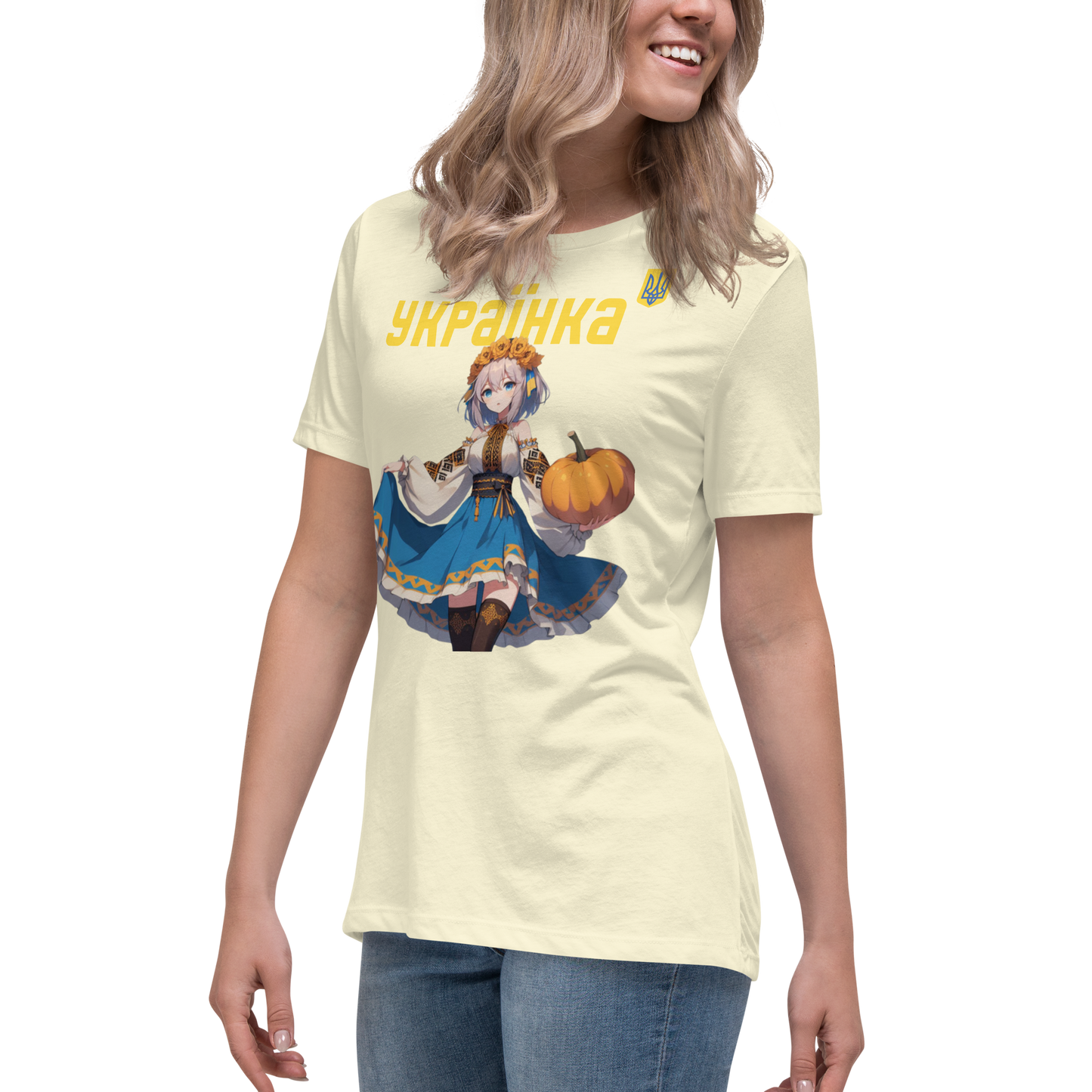 Women's Relaxed T-Shirt Ukrainian ANIME GIRL WITH PUMPKIN, 100% Soft Cotton