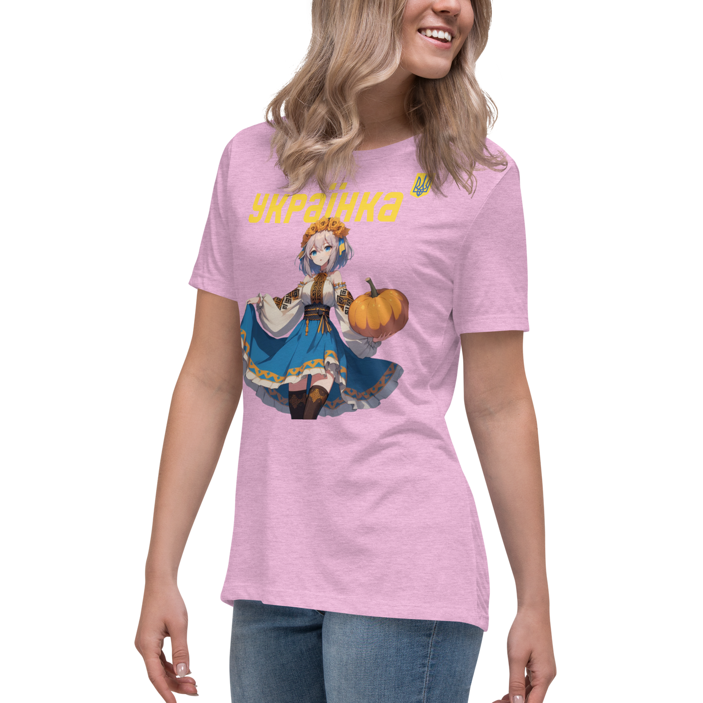 Women's Relaxed T-Shirt Ukrainian ANIME GIRL WITH PUMPKIN, 100% Soft Cotton