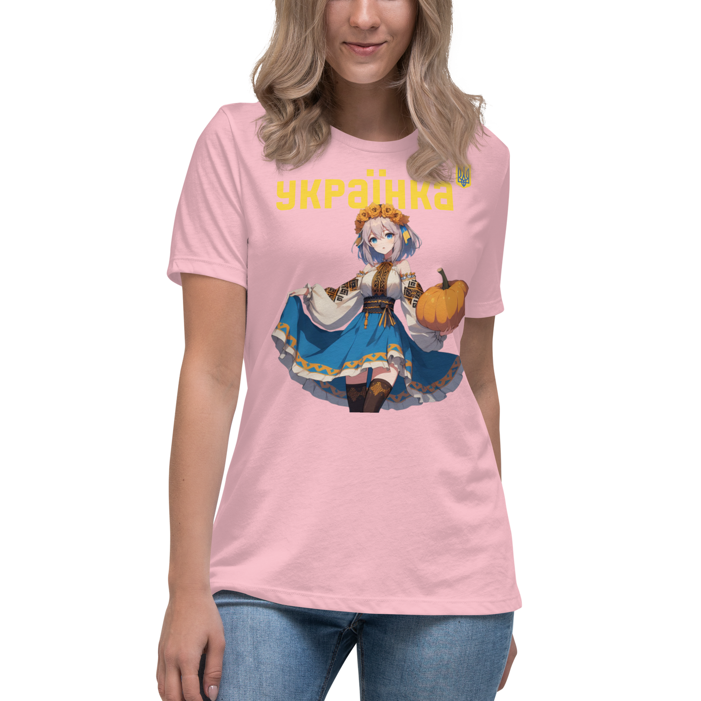 Women's Relaxed T-Shirt Ukrainian ANIME GIRL WITH PUMPKIN, 100% Soft Cotton