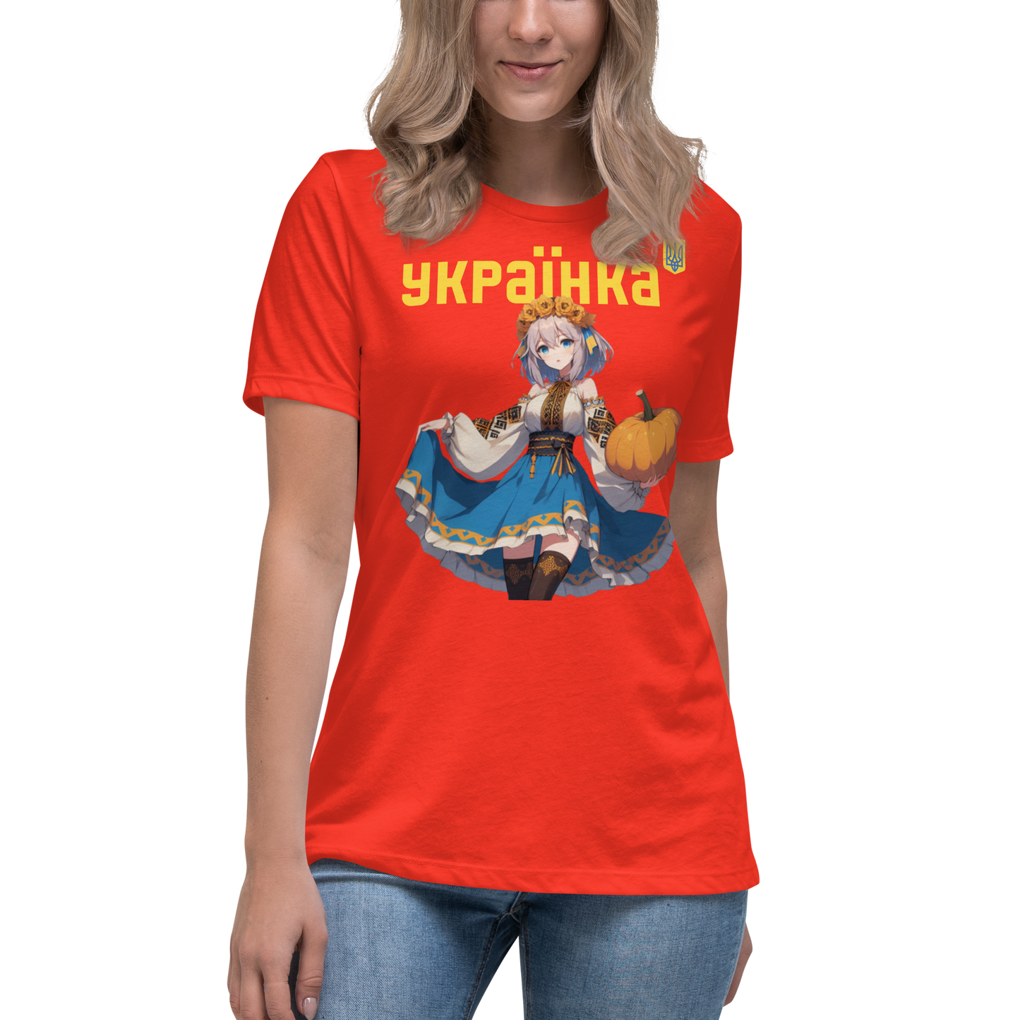 Women's Relaxed T-Shirt Ukrainian ANIME GIRL WITH PUMPKIN, 100% Soft Cotton