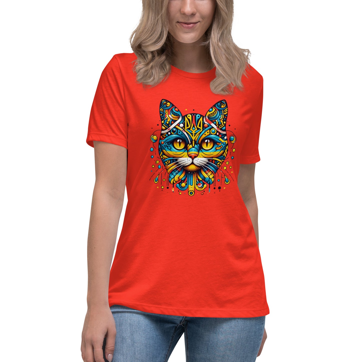 Women's Relaxed T-Shirt Ukrainian Symbol Cat Print