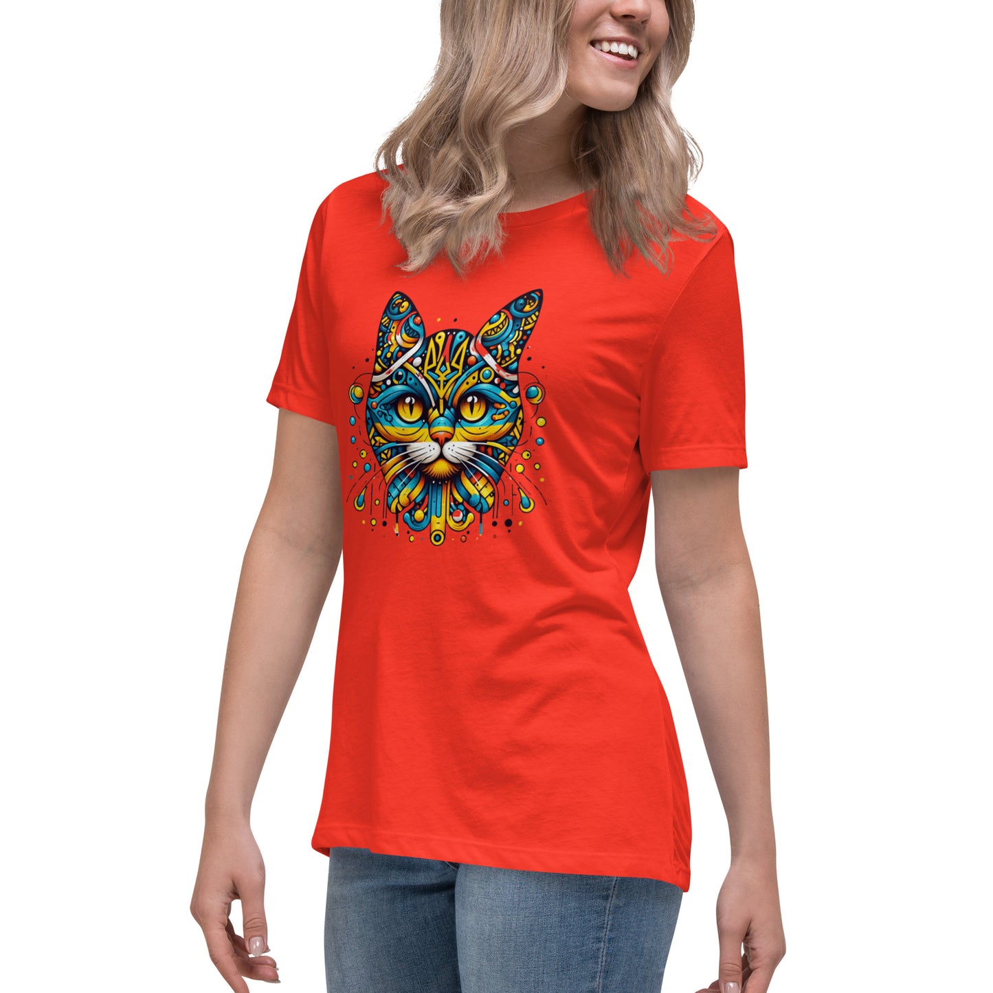 Women's Relaxed T-Shirt Ukrainian Symbol Cat Print