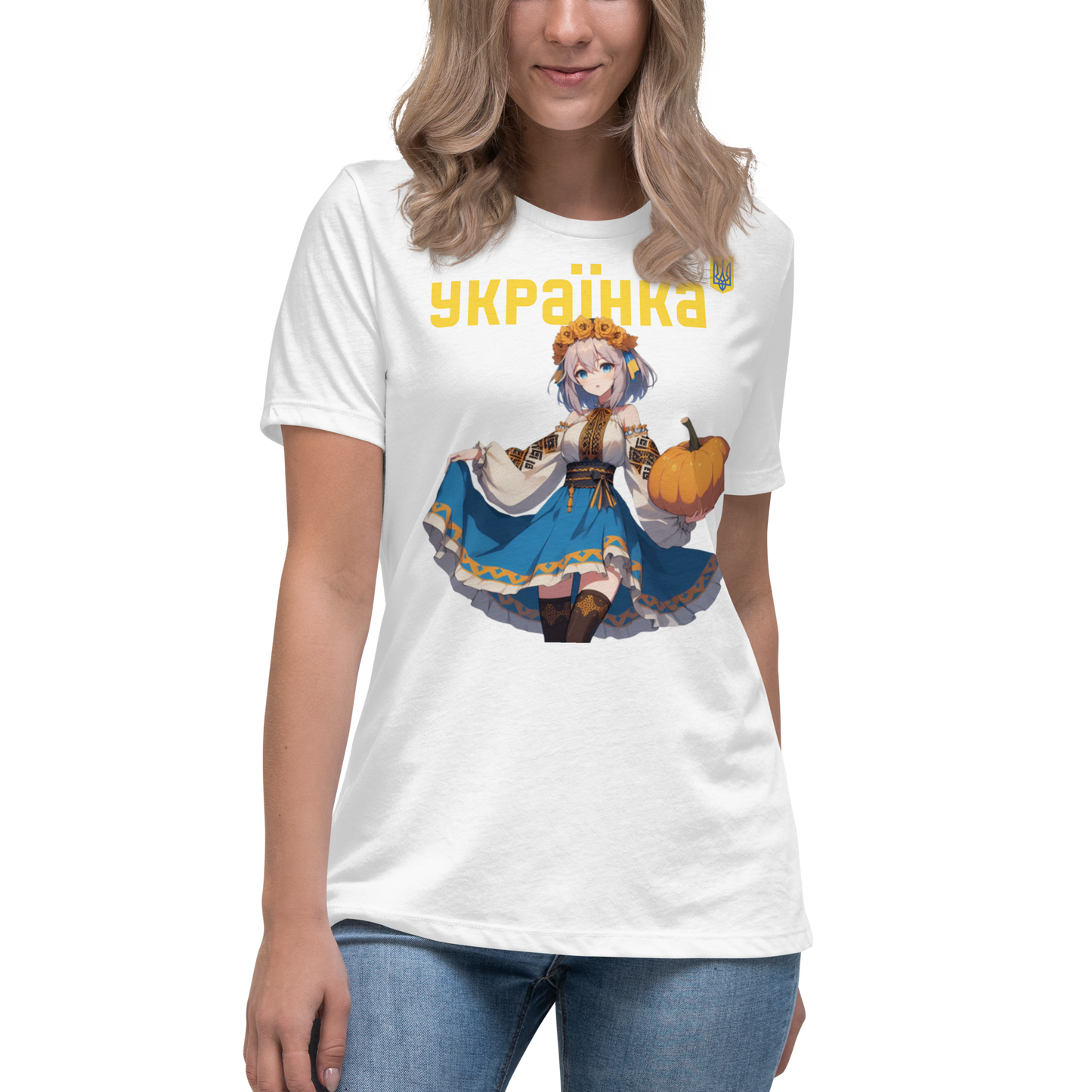 Women's Relaxed T-Shirt Ukrainian ANIME GIRL WITH PUMPKIN, 100% Soft Cotton