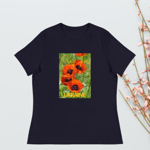 Women Relaxed T-shirt PRAY FOR UKRAINE POPPIES, 100% Soft Cotton