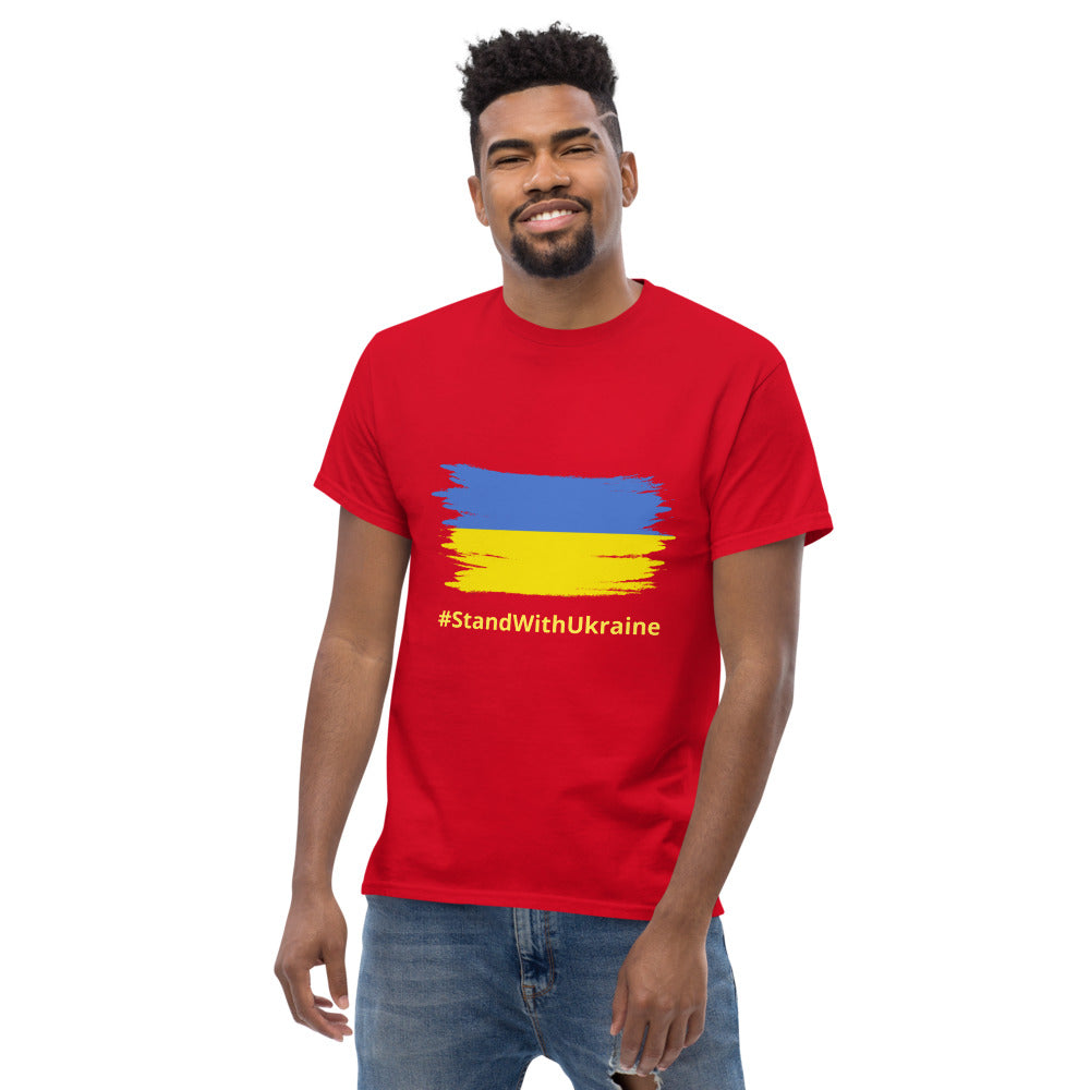 Men T-Shirt Stand With Ukraine + Ukrainian Flag, 90% Soft Cotton+10% Polyester