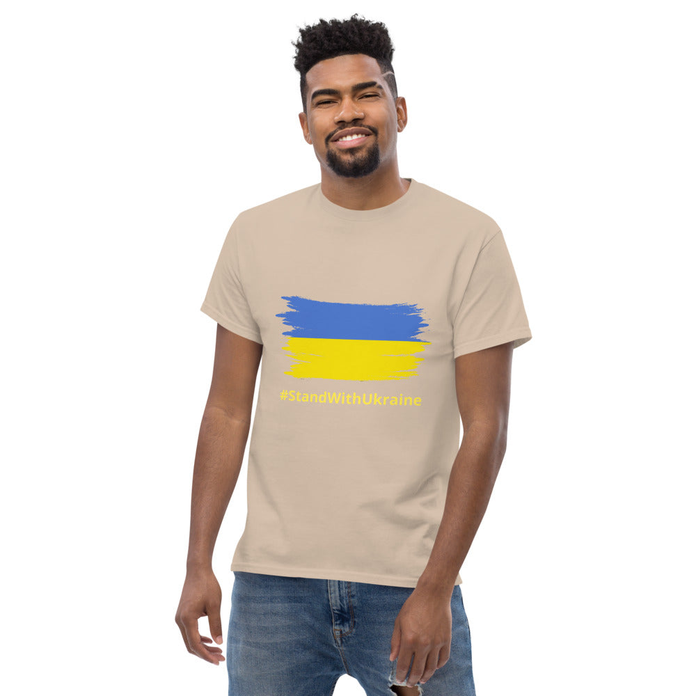 Men T-Shirt Stand With Ukraine + Ukrainian Flag, 90% Soft Cotton+10% Polyester