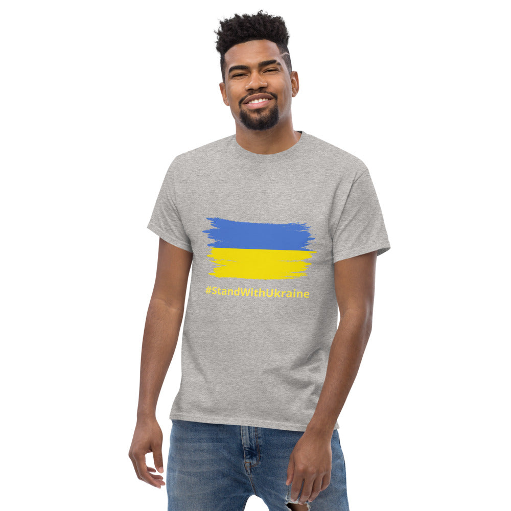 Men T-Shirt Stand With Ukraine + Ukrainian Flag, 90% Soft Cotton+10% Polyester