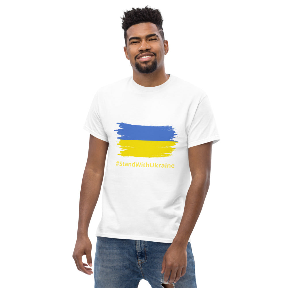 Men T-Shirt Stand With Ukraine + Ukrainian Flag, 90% Soft Cotton+10% Polyester