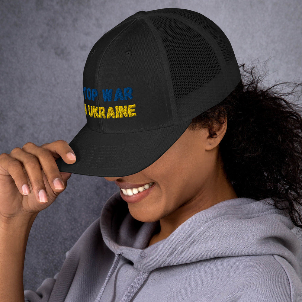 Embroidered Women Trucker Cap with Mesh Back UKRAINIAN FLAG COLORS STOP WAR IN UKRAINE