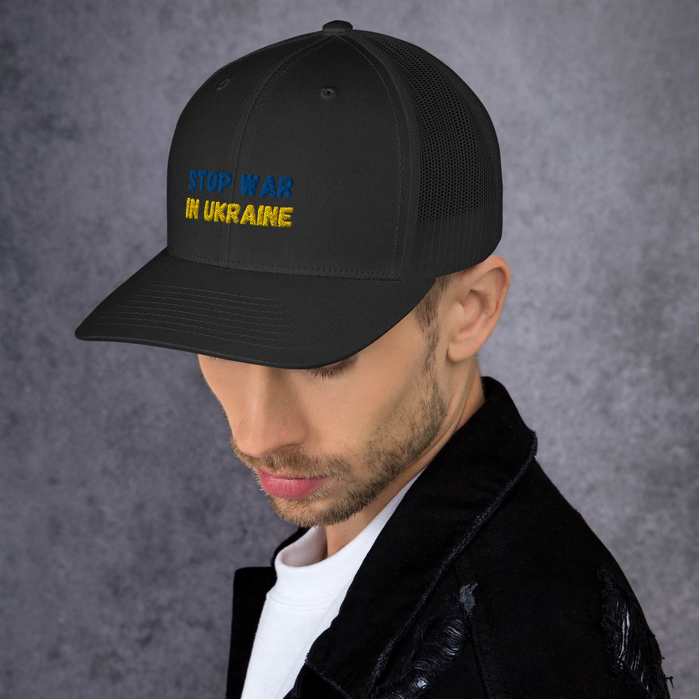 Embroidered Men Trucker Cap UKRAINIAN FLAG COLORS STOP WAR IN UKRAINE