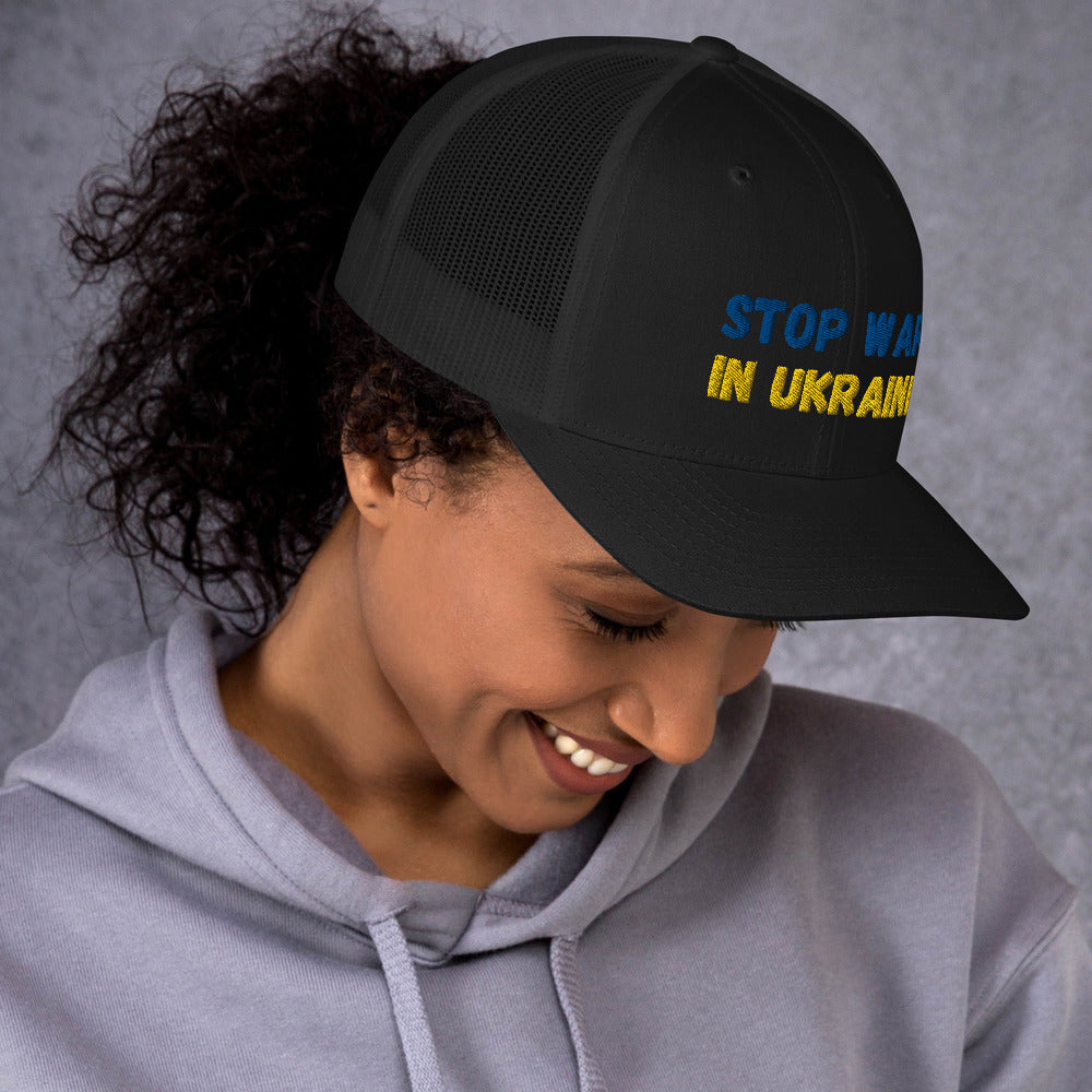 Embroidered Women Trucker Cap with Mesh Back UKRAINIAN FLAG COLORS STOP WAR IN UKRAINE