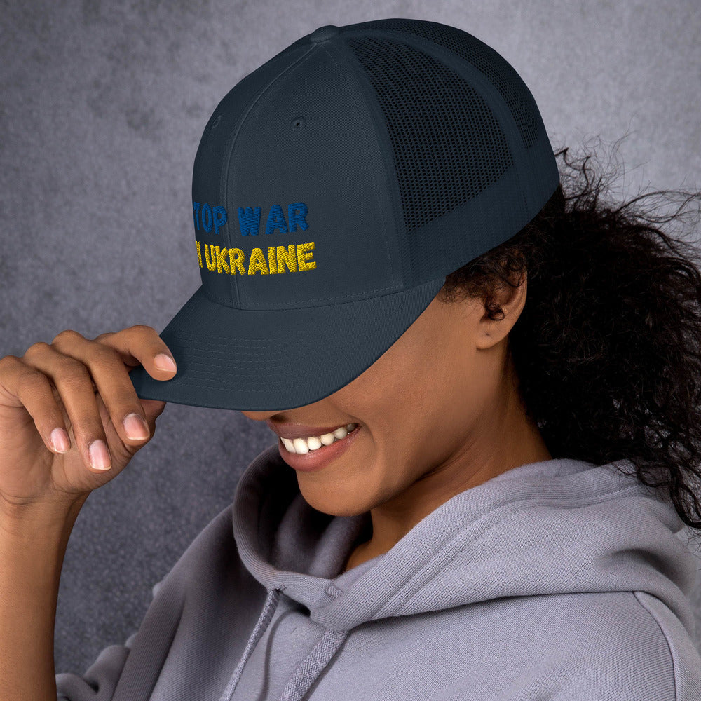 Embroidered Women Trucker Cap with Mesh Back UKRAINIAN FLAG COLORS STOP WAR IN UKRAINE