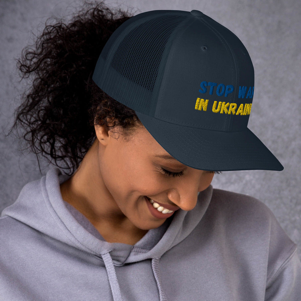 Embroidered Women Trucker Cap with Mesh Back UKRAINIAN FLAG COLORS STOP WAR IN UKRAINE