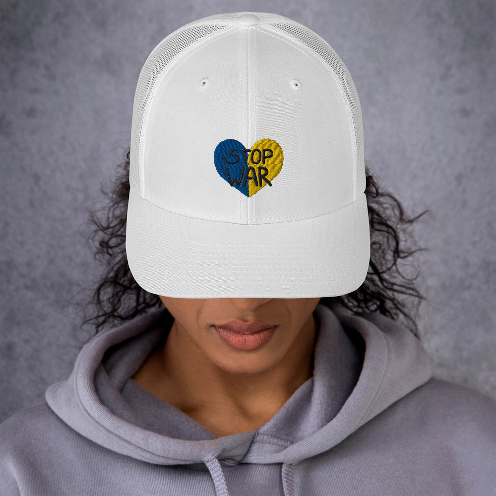 Embroidered Women Trucker Cap STOP WAR UKRAINIAN FLAG COLORS HEART