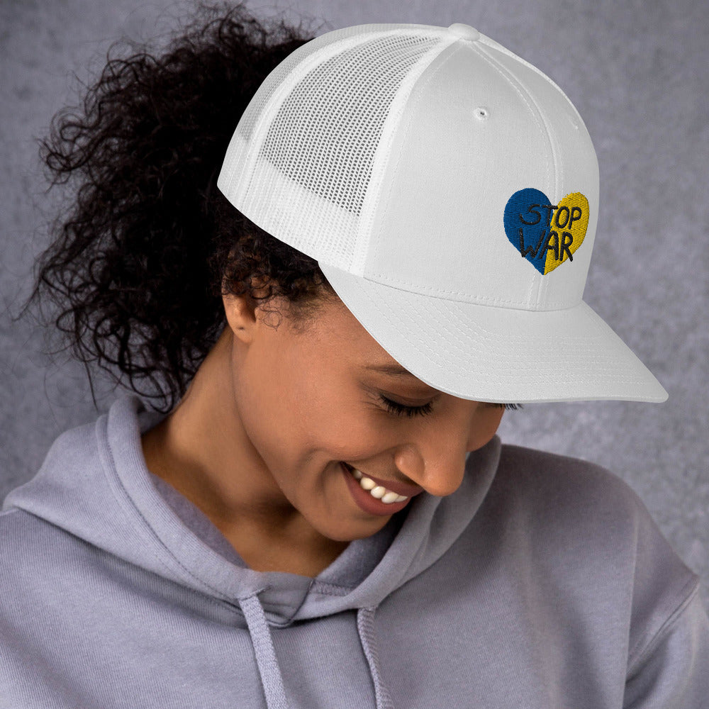 Embroidered Women Trucker Cap STOP WAR UKRAINIAN FLAG COLORS HEART