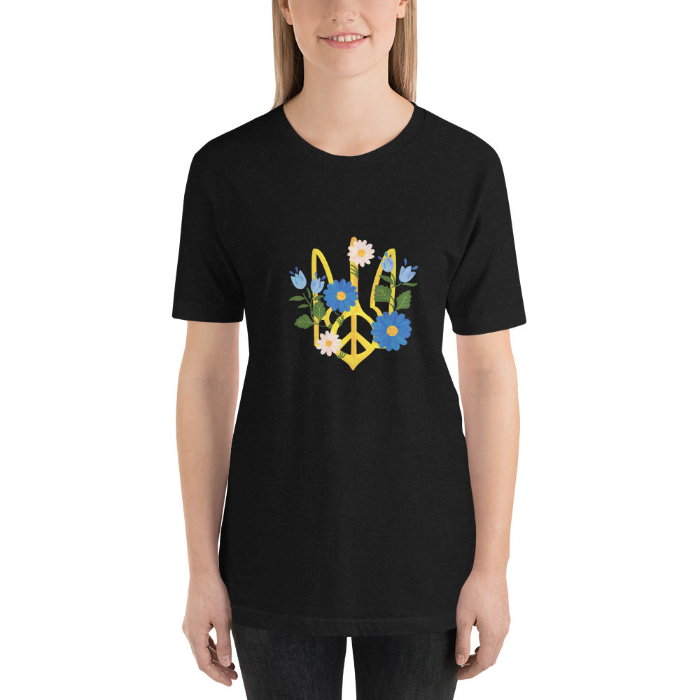 Unisex T-shirt UKRAINIAN COAT OF ARMS With Flowers, 100% Soft Cotton