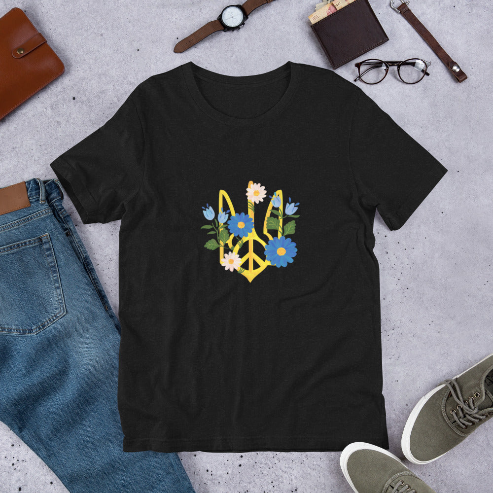 Unisex T-shirt UKRAINIAN COAT OF ARMS With Flowers, 100% Soft Cotton