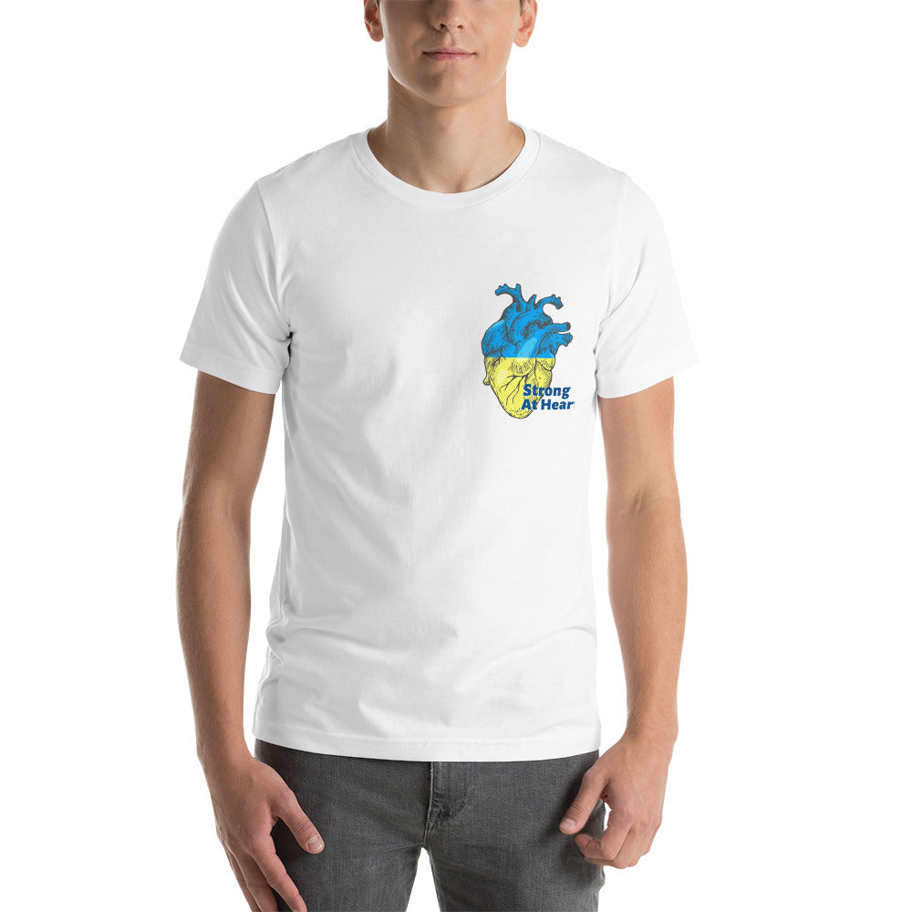 Unisex T-shirt UKRAINIAN FLAG COLORS STRONG AT HEART, 100% Soft Cotton