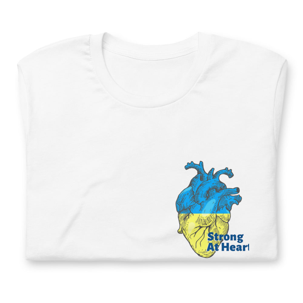 Unisex T-shirt UKRAINIAN FLAG COLORS STRONG AT HEART, 100% Soft Cotton