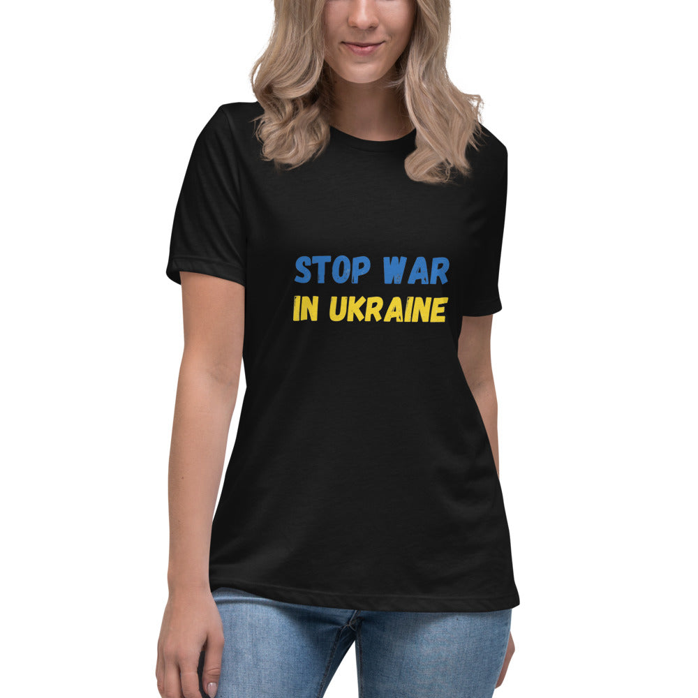 Women T-shirt STOP WAR IN UKRAINE UKRAINIAN FLAG COLORS, 100% Soft Cotton