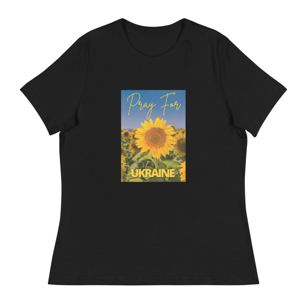 Women Relaxed T-shirt PRAY FOR UKRAINE SUNFLOWERS, 100% Soft Cotton