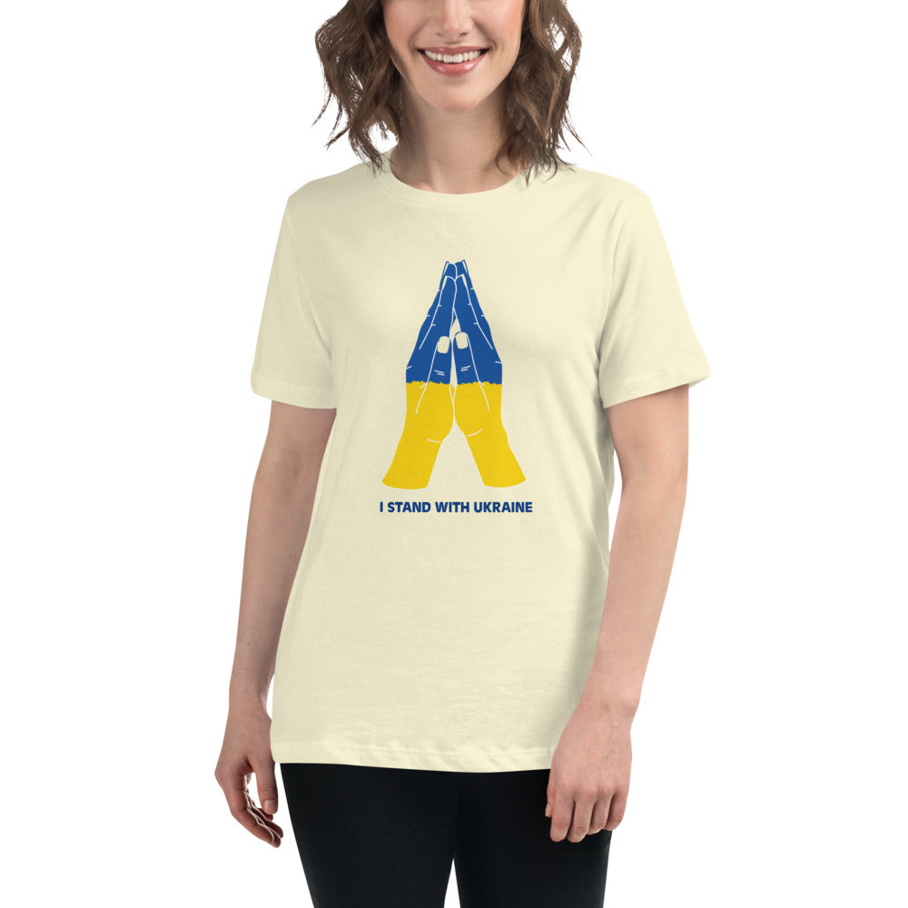 Women's T-shirt STAND WITH UKRAINE UKRAINIAN FLAG ARMS, 100% Soft Cotton