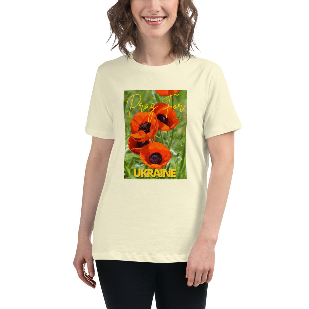 Women Relaxed T-shirt PRAY FOR UKRAINE POPPIES, 100% Soft Cotton