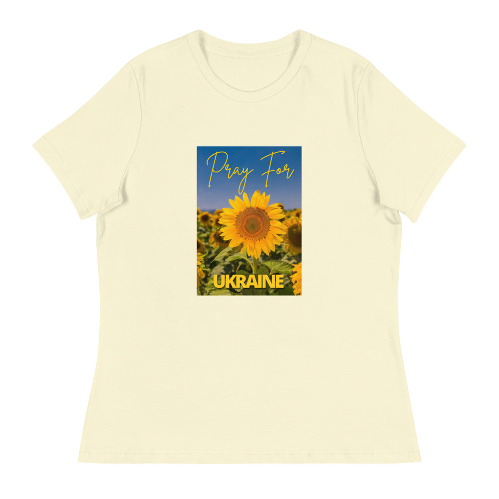 Women Relaxed T-shirt PRAY FOR UKRAINE SUNFLOWERS, 100% Soft Cotton