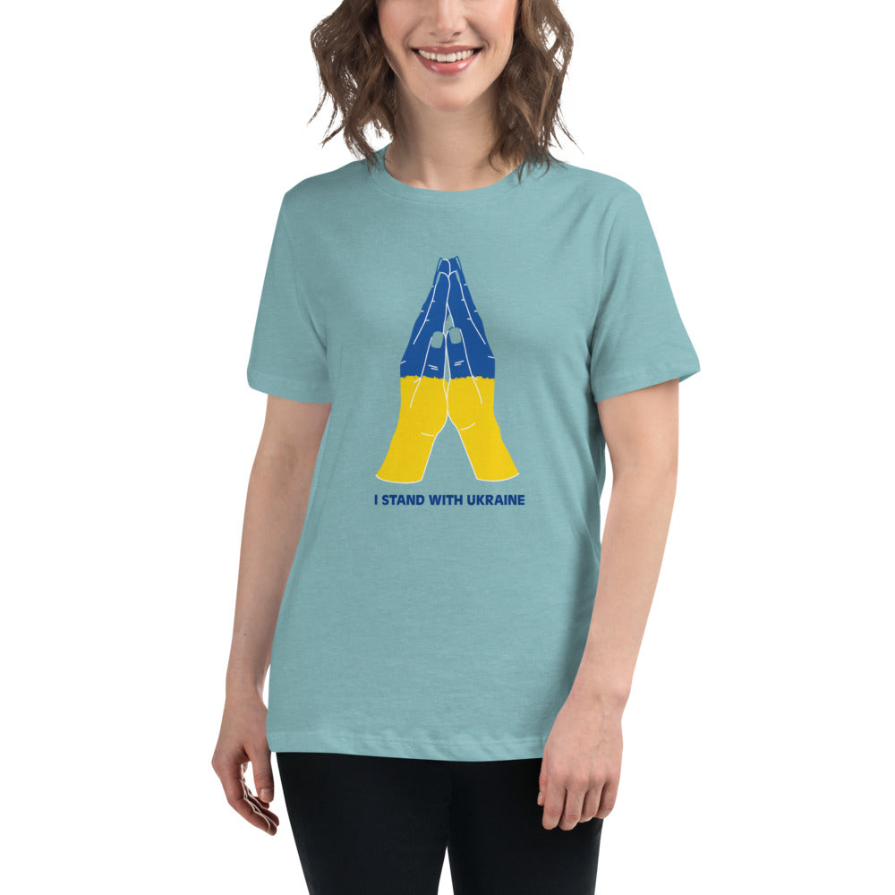 Women's T-shirt STAND WITH UKRAINE UKRAINIAN FLAG ARMS, 100% Soft Cotton