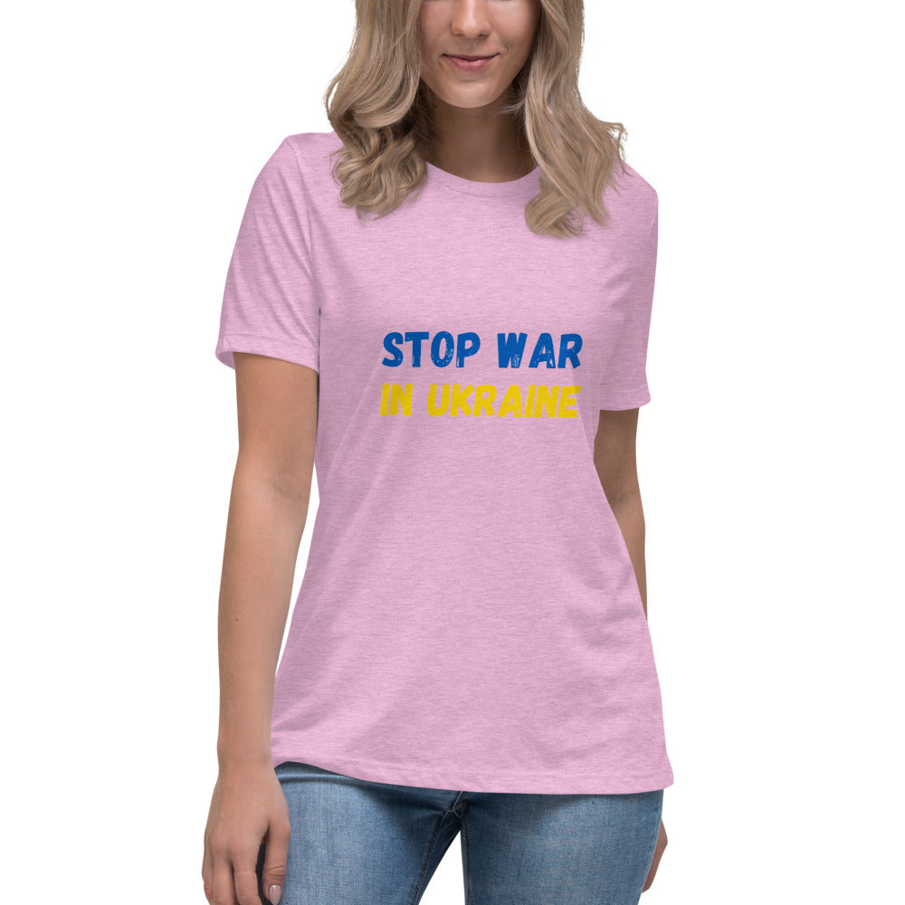 Women T-shirt STOP WAR IN UKRAINE UKRAINIAN FLAG COLORS, 100% Soft Cotton