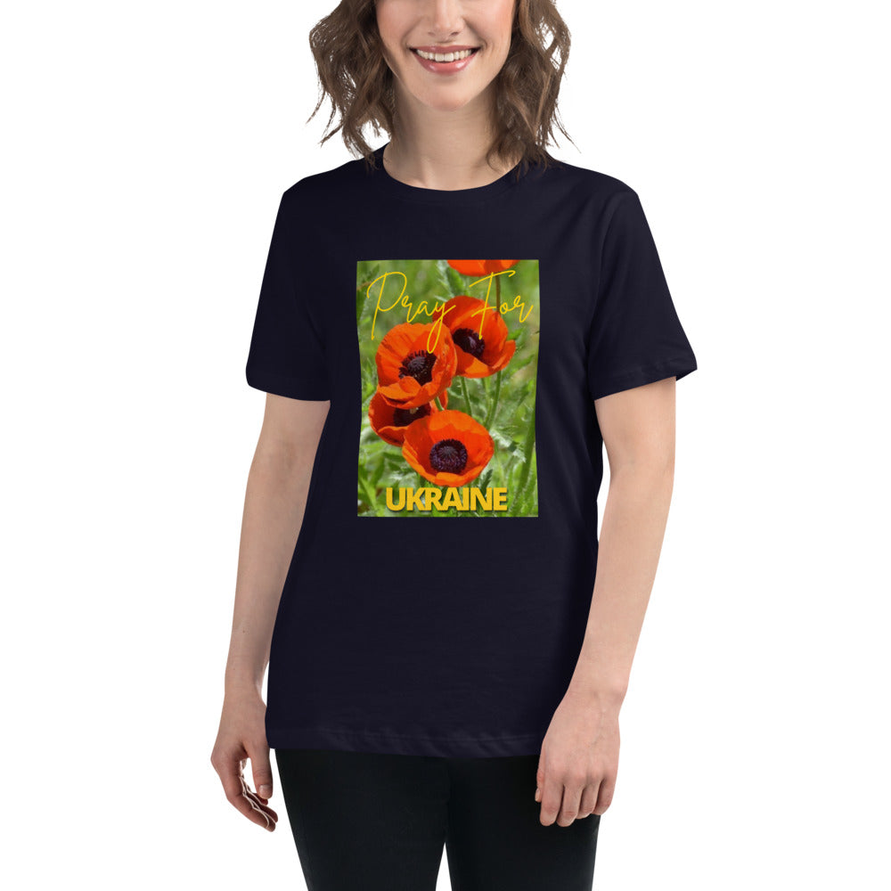 Women Relaxed T-shirt PRAY FOR UKRAINE POPPIES, 100% Soft Cotton