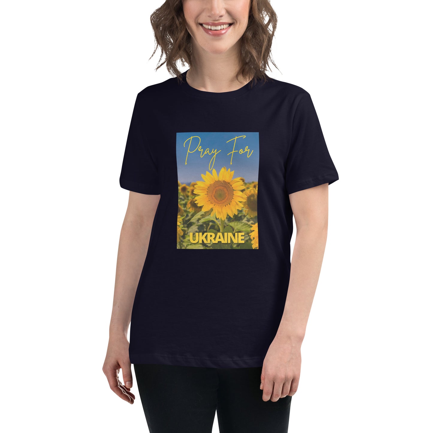 Women Relaxed T-shirt PRAY FOR UKRAINE SUNFLOWERS, 100% Soft Cotton