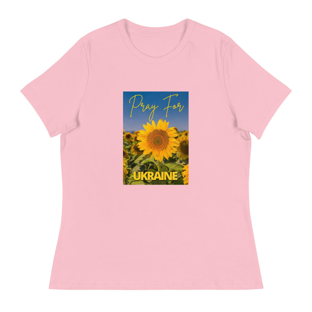 Women Relaxed T-shirt PRAY FOR UKRAINE SUNFLOWERS, 100% Soft Cotton