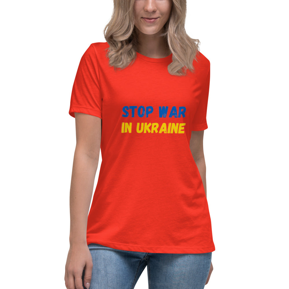 Women T-shirt STOP WAR IN UKRAINE UKRAINIAN FLAG COLORS, 100% Soft Cotton