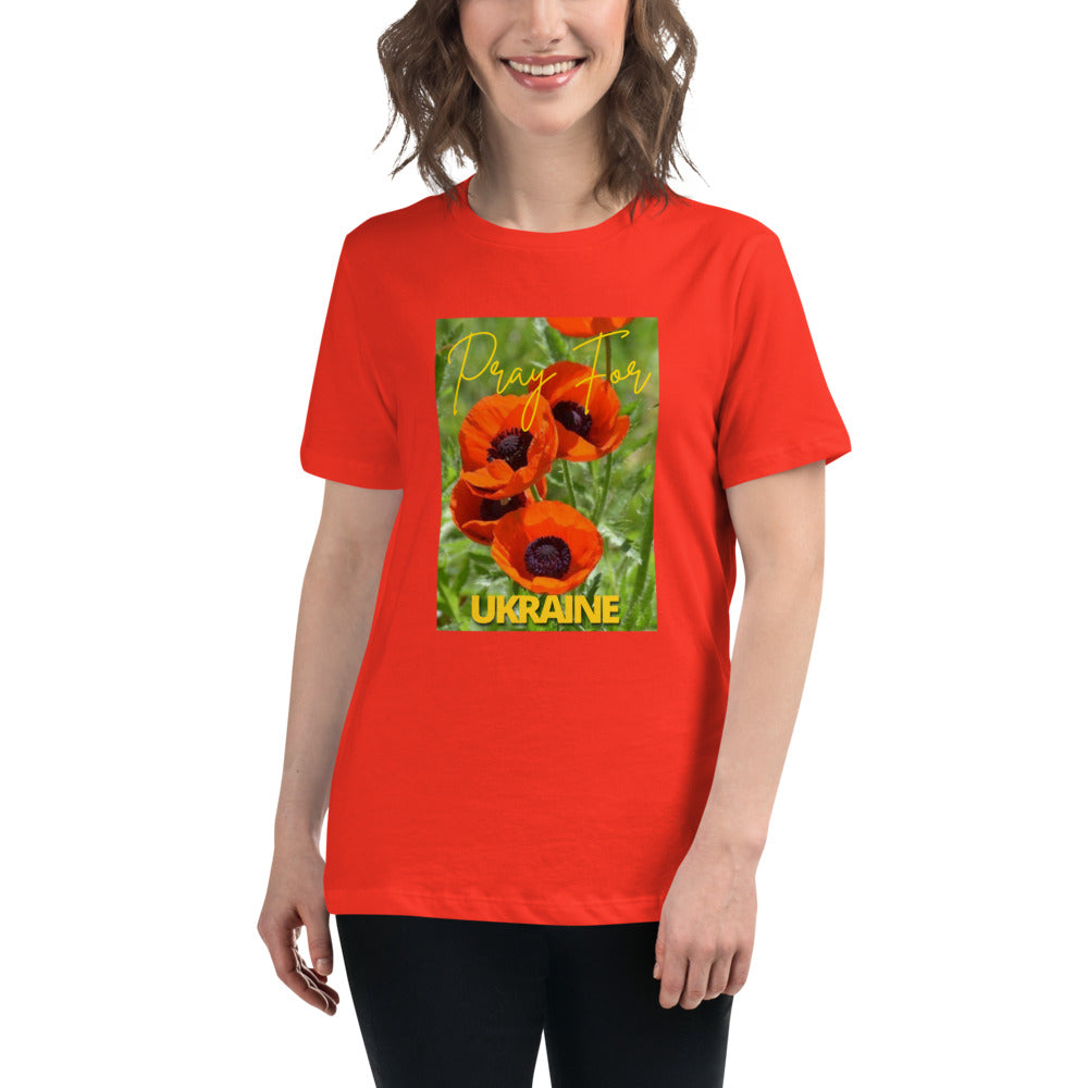 Women Relaxed T-shirt PRAY FOR UKRAINE POPPIES, 100% Soft Cotton