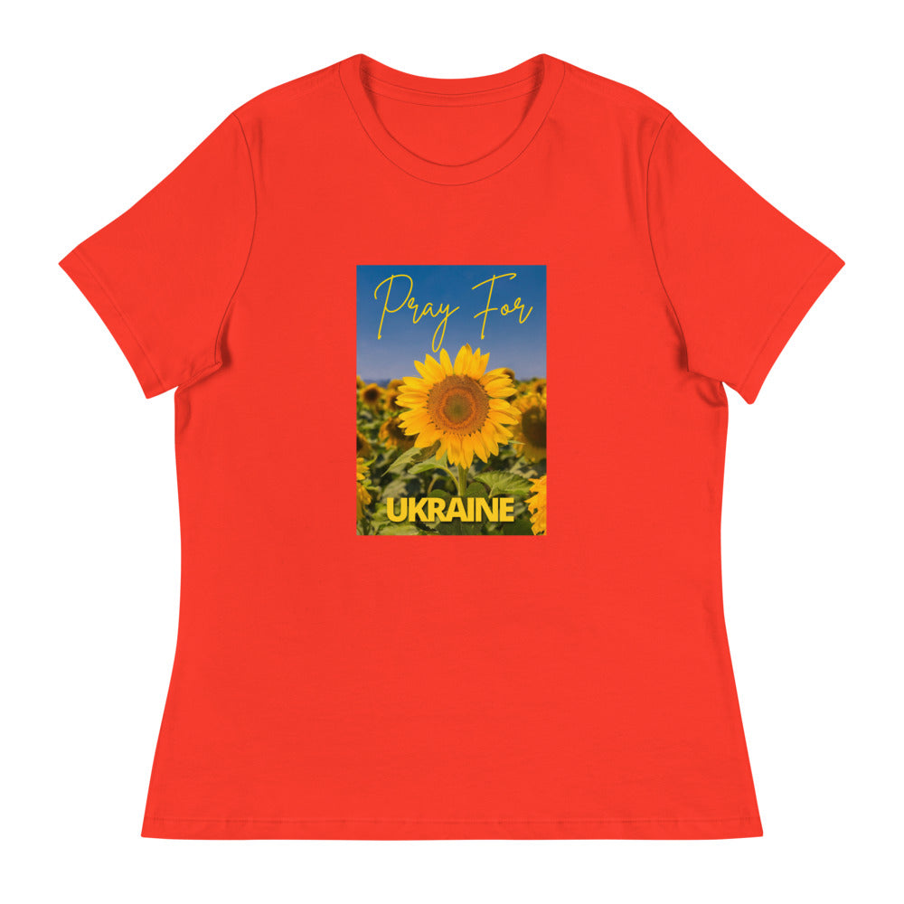 Women Relaxed T-shirt PRAY FOR UKRAINE SUNFLOWERS, 100% Soft Cotton