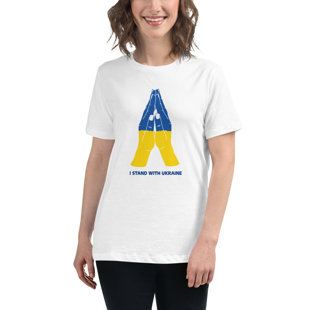 Women's T-shirt STAND WITH UKRAINE UKRAINIAN FLAG ARMS, 100% Soft Cotton