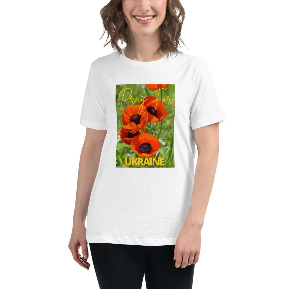 Women Relaxed T-shirt PRAY FOR UKRAINE POPPIES, 100% Soft Cotton